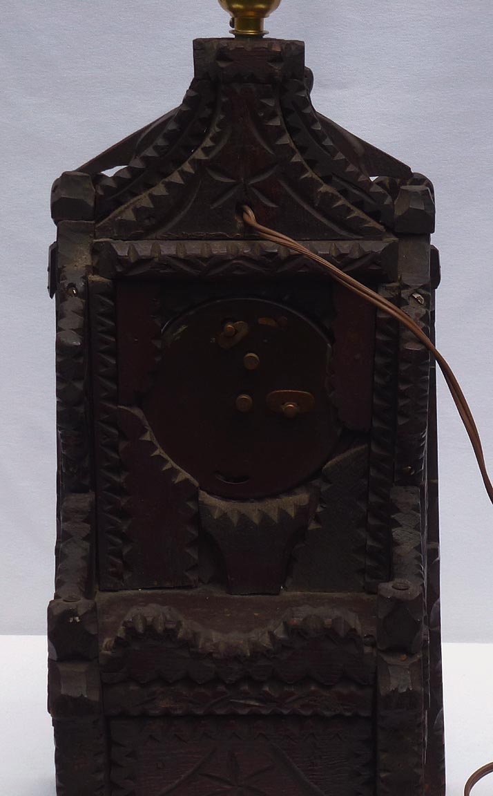 Tramp art lamp with clock and drawer