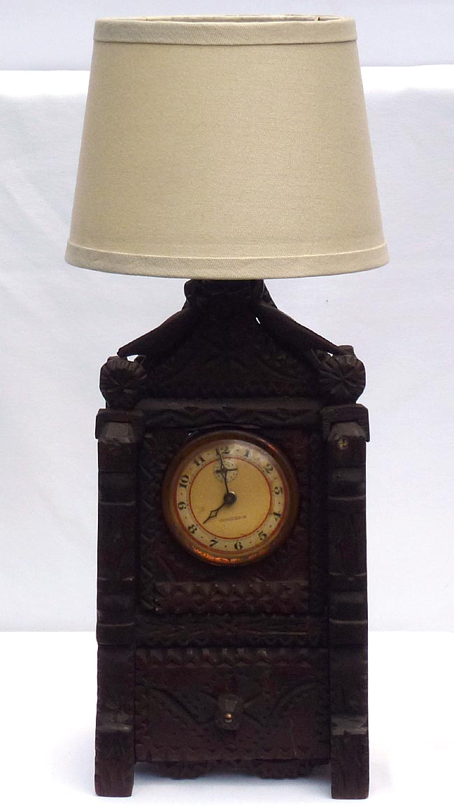 Tramp art lamp with clock and drawer